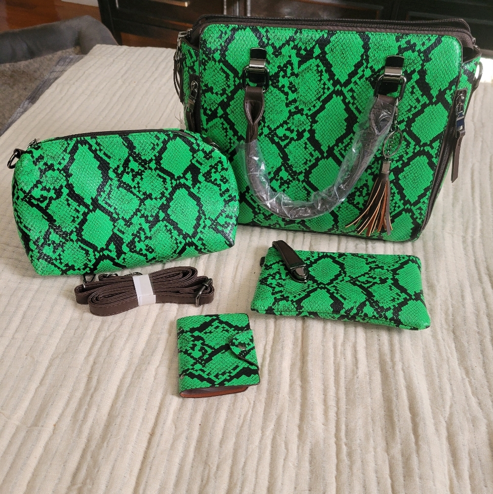 Green Snake Print Women's Bag Set